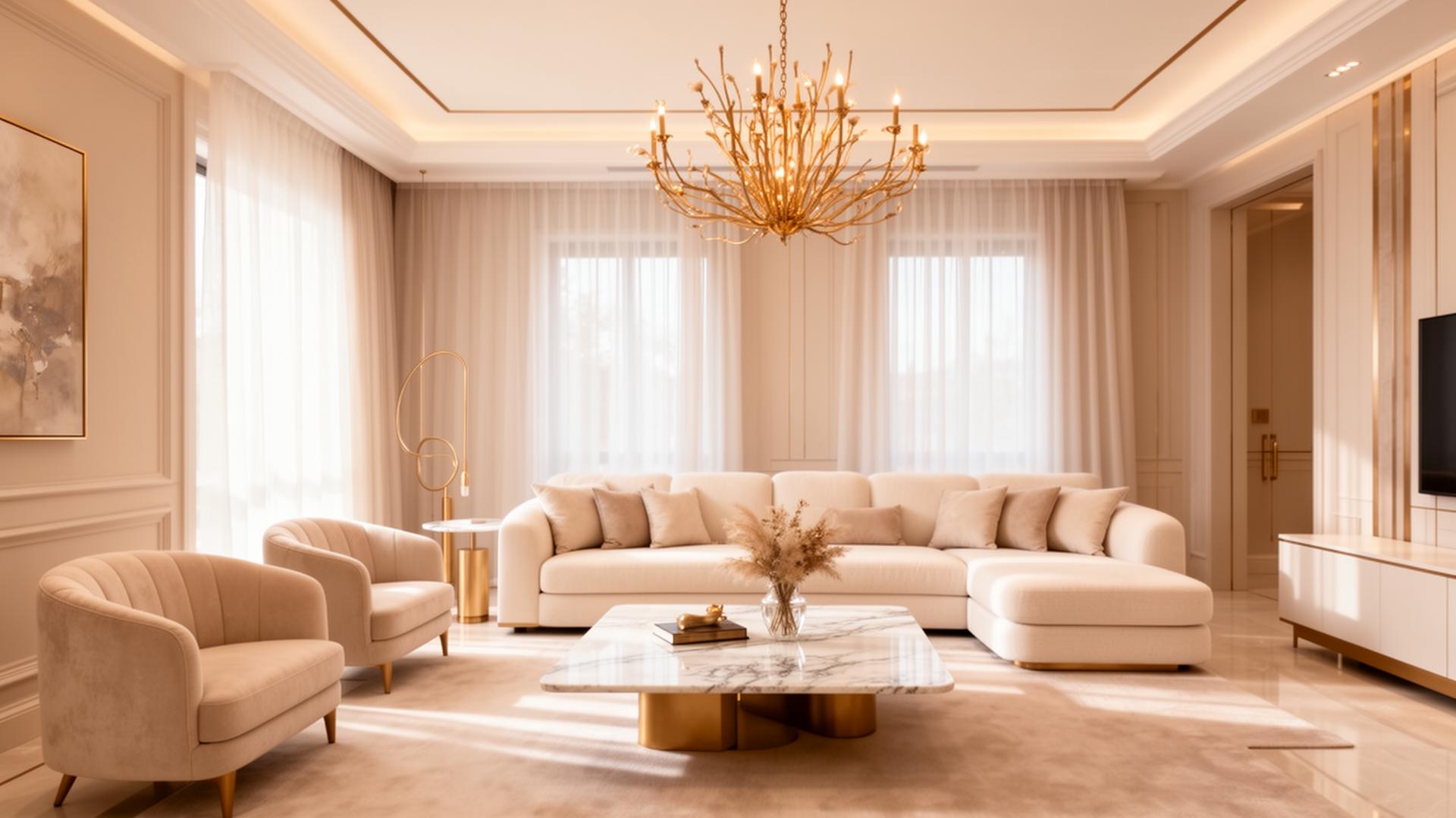 Luxurious beige and gold living room interior